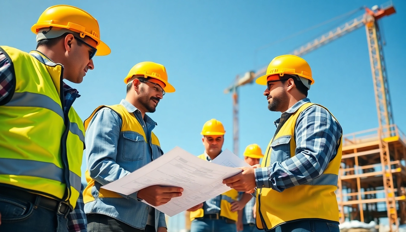 Construction career workers collaborating on a vibrant building site.