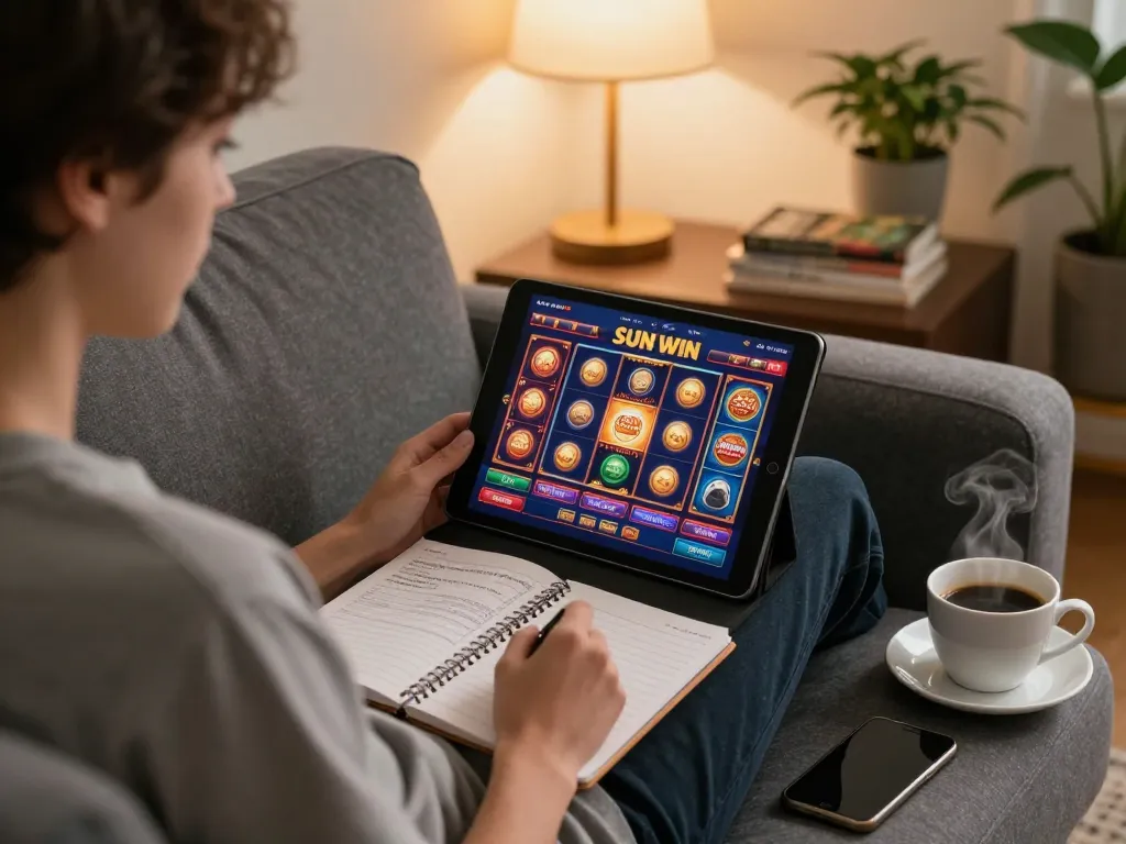Player engaging with the SUN WIN online casino interface on a tablet, surrounded by strategy notes and coffee, emphasizing strategic home gaming.