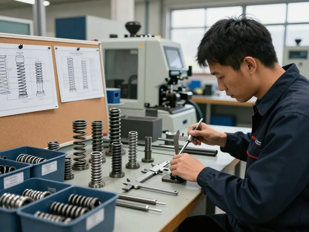 Tehnician examinând arcurile ciur într-un atelier industrial bine iluminat, evidențiind precizia și măiestria cu unelte.