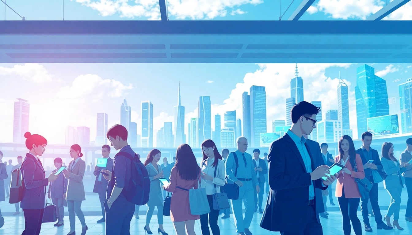 Engage with technology at https://mohamedmmblog.tech, featuring a diverse group exploring smart devices in a modern city.