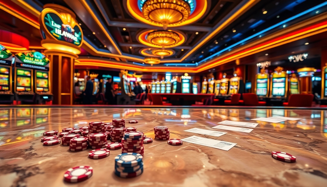 Engaging scene of a bustling casino showcasing 주소모음 elements like organized betting slips, lively poker tables, and vibrant slots.
