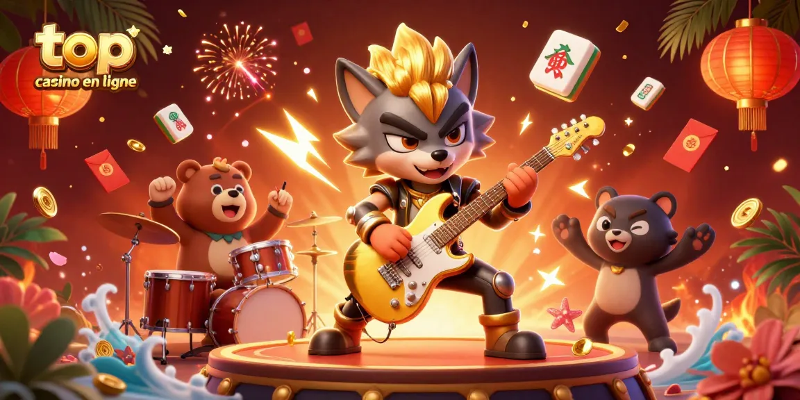 Découvrez le top casino en ligne avec une illustration dynamique d'un loup rock star et un ours batteur sur scène.