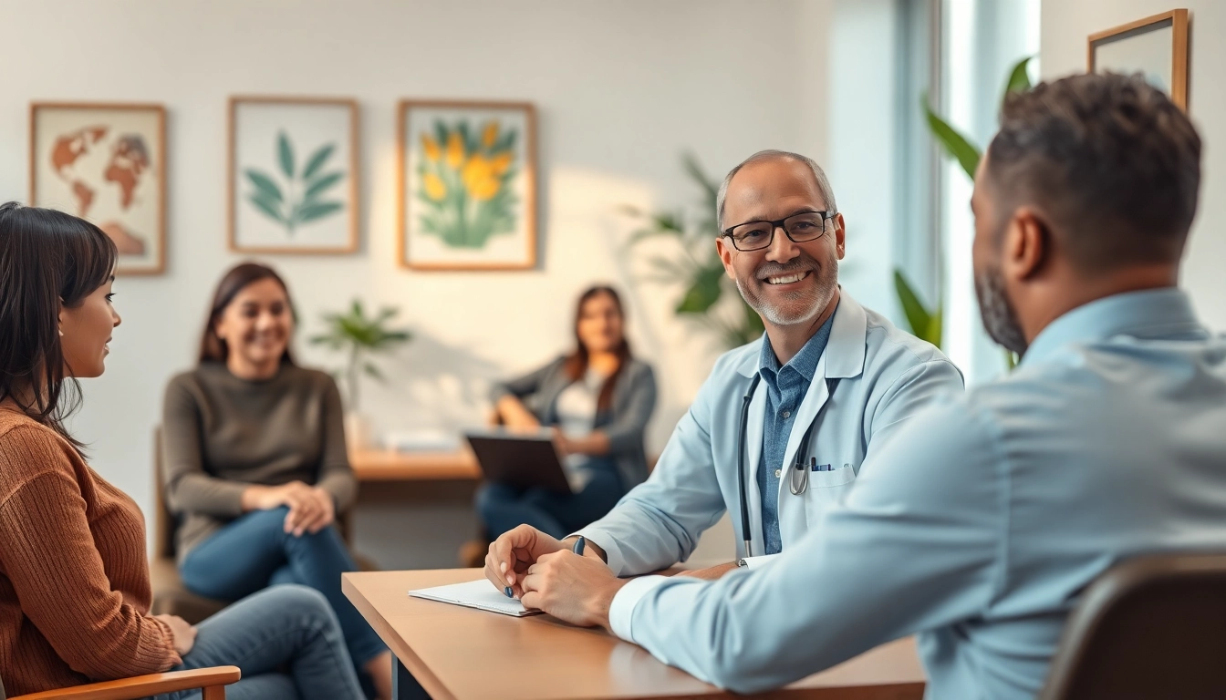 Engaging scene with an affordable psychiatrist in dubai consulting diverse patients in a warm office.