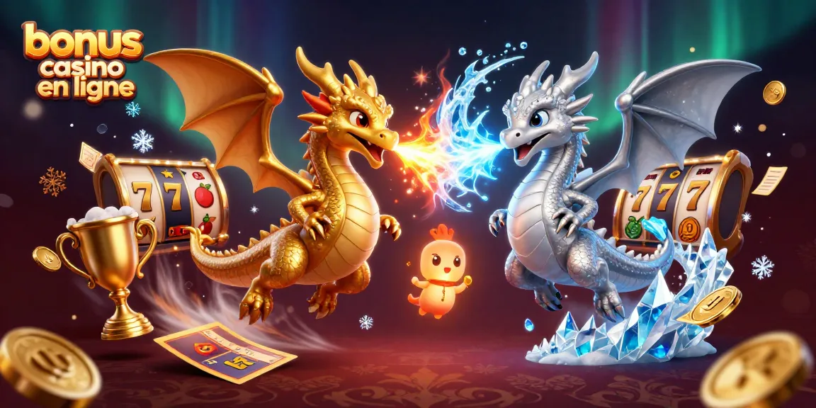 Bonus casino en ligne avec dragons 3D et éléments de machines à sous dans une illustration dynamique.