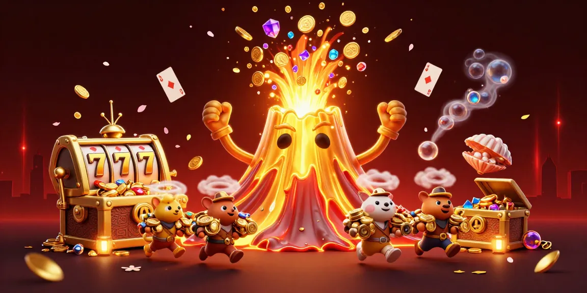 Profitez de bonus casino en ligne avec une illustration colorée d'un volcan doré et des animaux explorateurs.