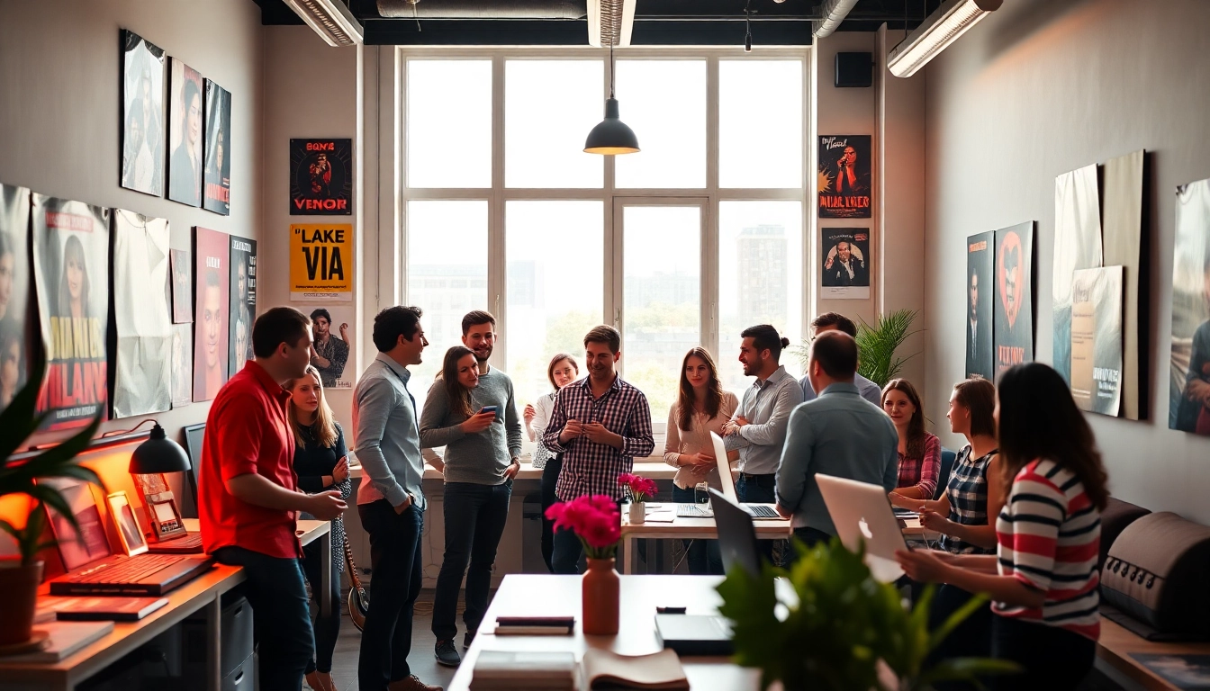 Engaged professionals at a music pr agency collaborating in a vibrant and modern office.