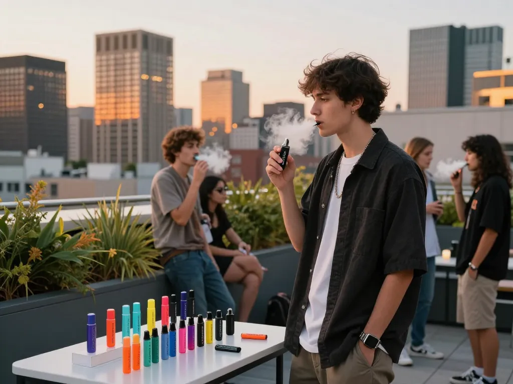 Enjoying Clean Carts Disposable vape at sunset on a city rooftop.