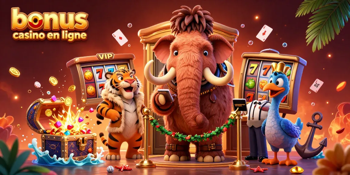 Illustration dynamique de mammouth et tigre vérifiant les bonus casino en ligne, entourés d'éléments de jeu colorés.