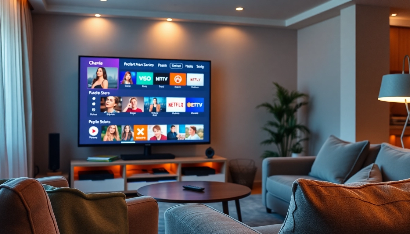 Experience IPTV premium service showcasing vibrant channels on a sleek TV in a cozy setting.
