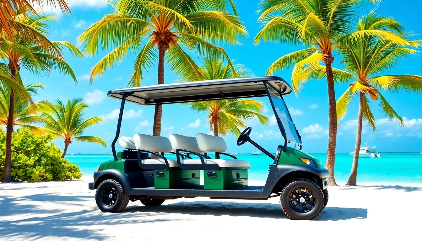 Experience San Pedro Belize Golf Cart Rental with a stunning 6-seater cart by the beach.