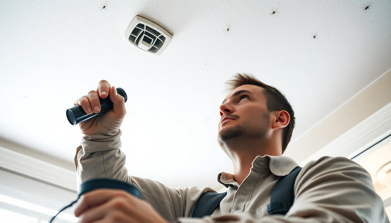Identifying ceiling insect infestation with a professional technician examining a ceiling for pests.