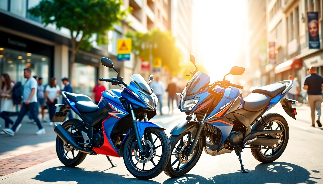 Explore 125cc and 250cc beginner motorcycles parked in an urban setting highlighting their features.