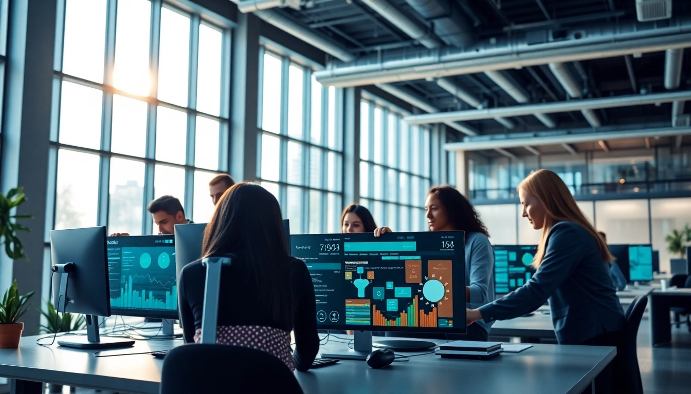 Engage with enterprise search tools through collaboration in a modern office setting.