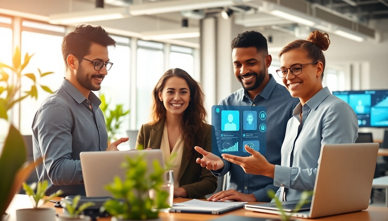 Employees collaborating with a digital enterprise assistant in a modern office environment, demonstrating teamwork.