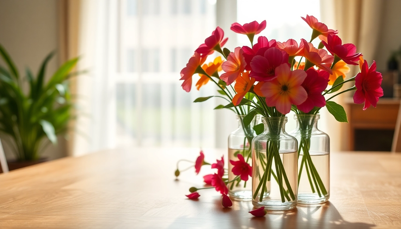 Decorative bud vases with fresh flowers create a vibrant and elegant dining atmosphere.
