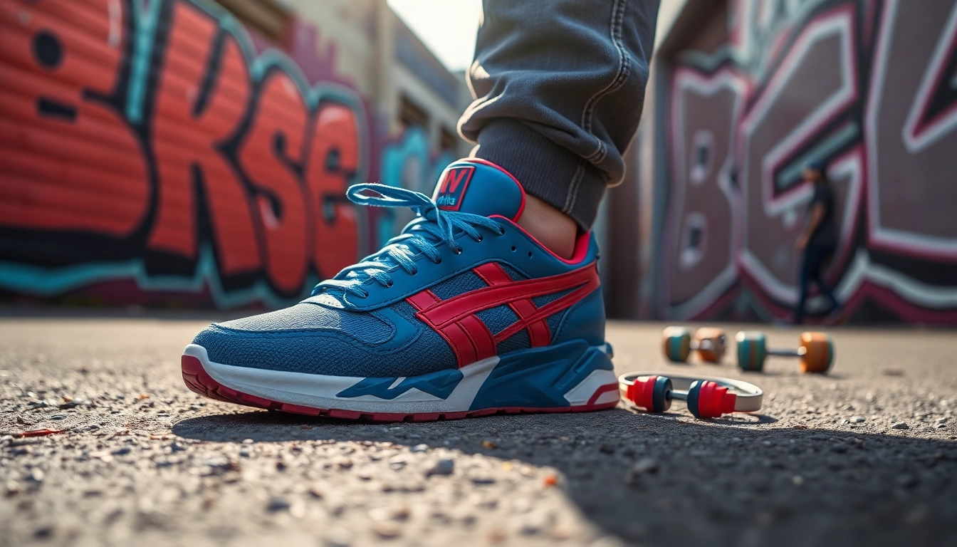 Showcasing the MV 88 sneaker on urban pavement, highlighting its bold design and vibrant colors.