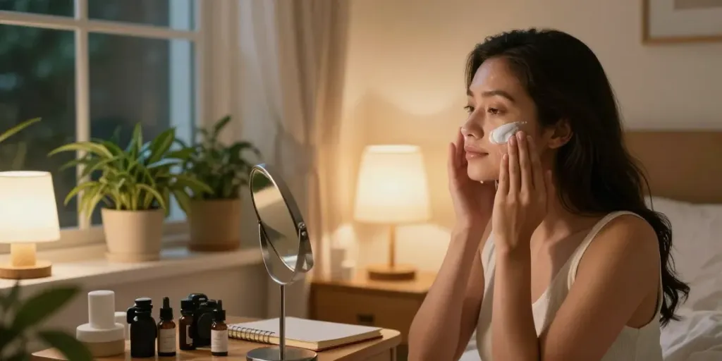 Applying zinc oxide for face during a peaceful nighttime skincare routine.