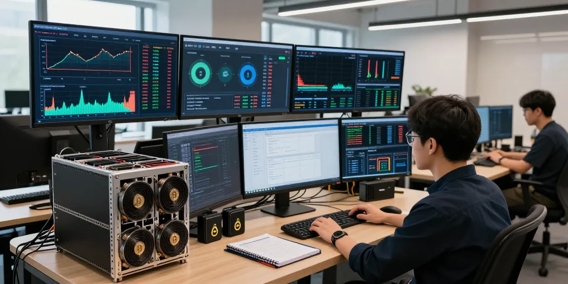Automated bitcoin mining workspace displaying cryptocurrency dashboards and mining software for efficient trading.
