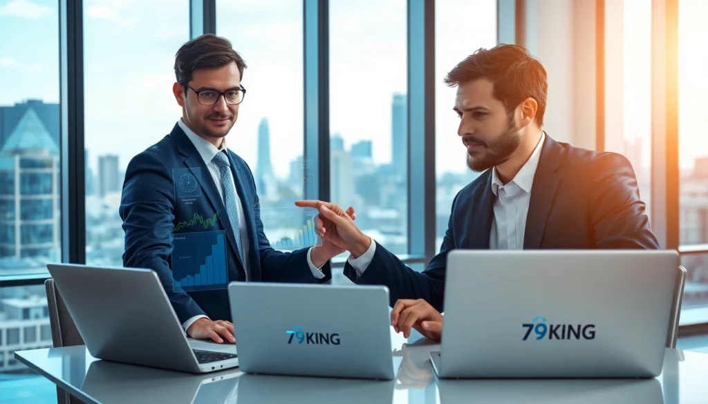 Профессиональный финансовый консультант обсуждает решения 79KING по страхованию с клиентом в современном офисе, подчеркивая доверие и инновации для 2025 года.
