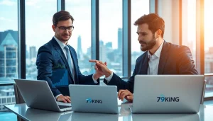 Профессиональный финансовый консультант обсуждает решения 79KING по страхованию с клиентом в современном офисе, подчеркивая доверие и инновации для 2025 года.