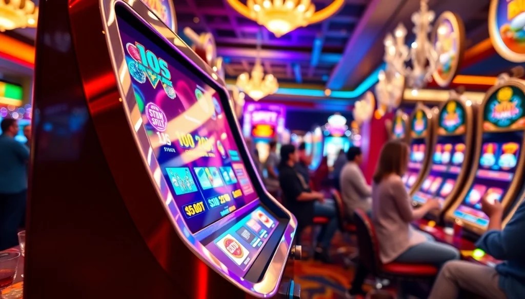 Putar slot machine dengan lampu yang cerah dan keramaian, menambah suasana kasino