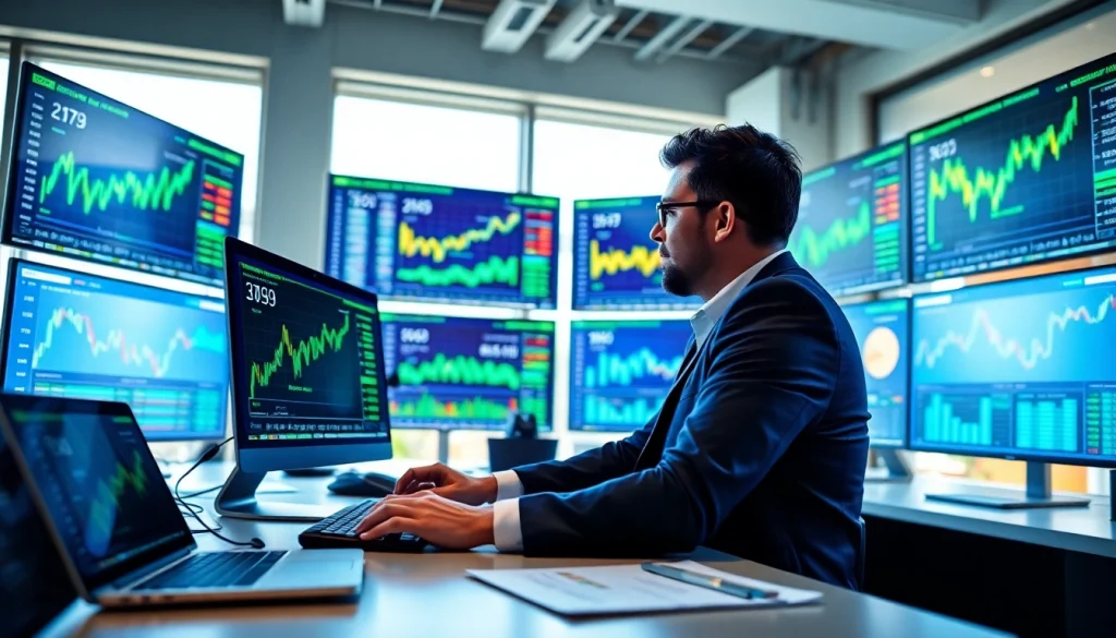 Crypto CFO reviewing data in a modern office with digital displays and analytical tools.