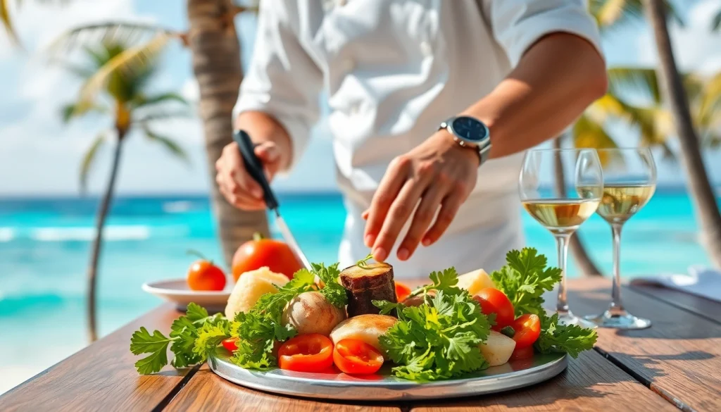 Elevate your dining experience with a Private chef Sint Maarten crafting a gourmet meal on a tropical beach.