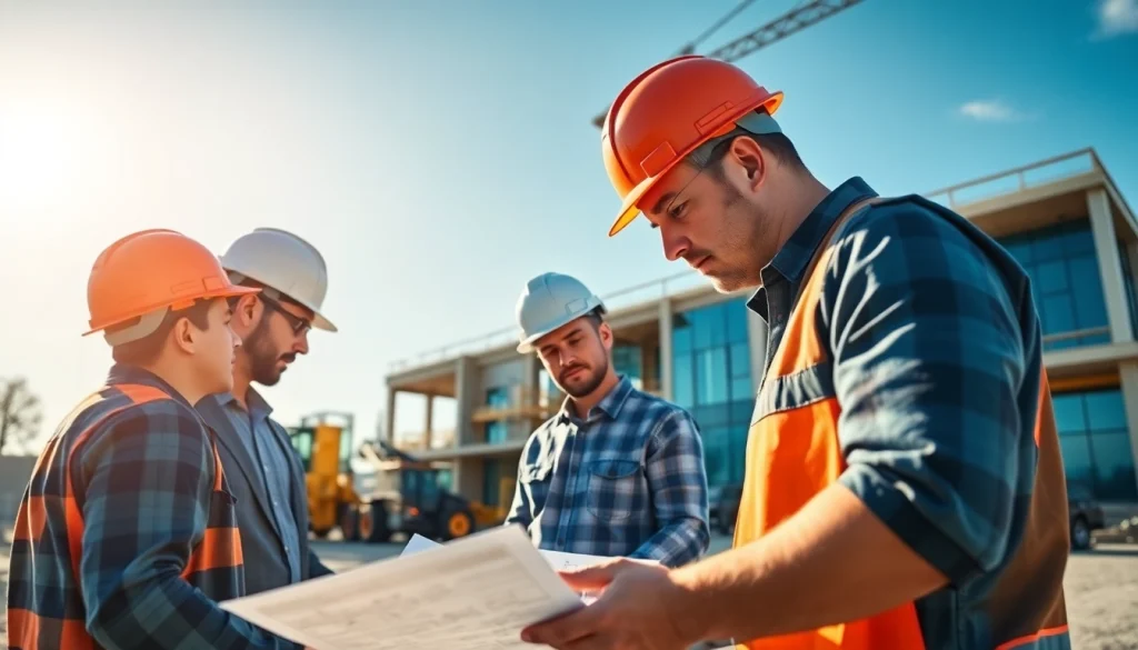 Workers collaborating on construction plans for New Jersey Commercial General Contractor project.