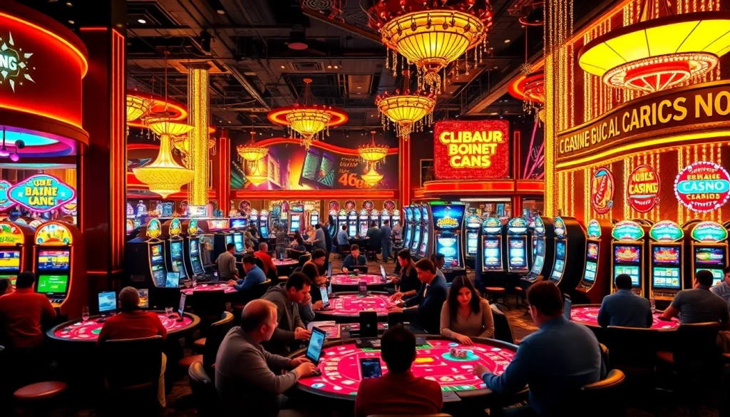 คาสิโนในบรรยากาศสีสันสดใส พร้อมผู้เล่นที่สนุกสนานและตู้สล็อตที่มีเสน่ห์