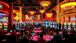 คาสิโนในบรรยากาศสีสันสดใส พร้อมผู้เล่นที่สนุกสนานและตู้สล็อตที่มีเสน่ห์