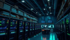 Dynamic view of a cryptocurrency mining facility with ASIC rigs and displays showcasing crypto mining operations.