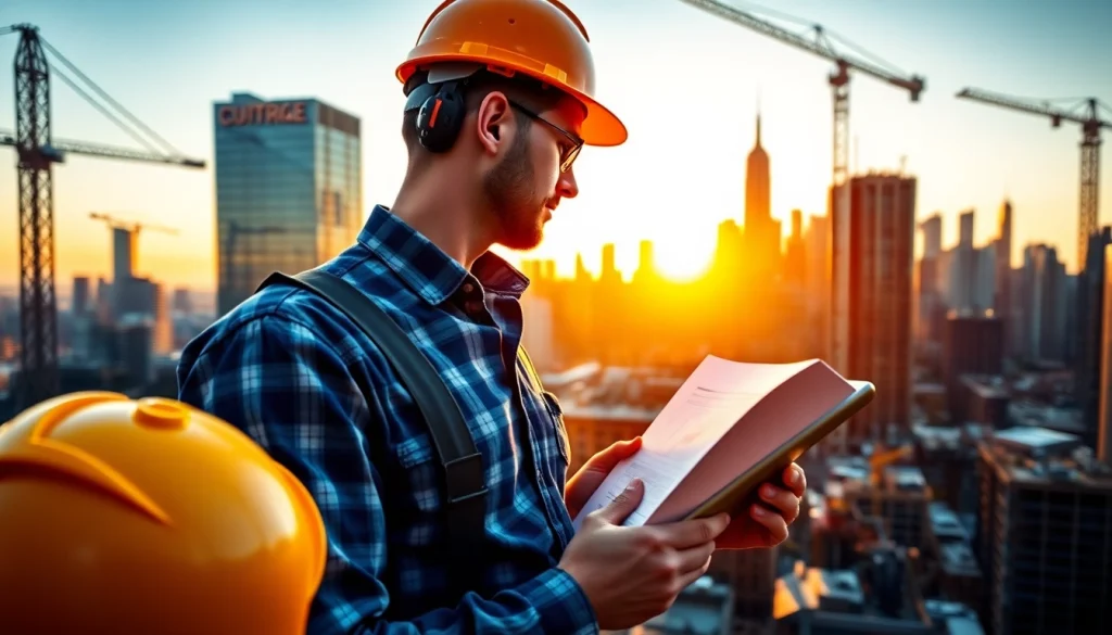 New York City Construction Manager analyzing plans in a bustling urban environment with cranes.