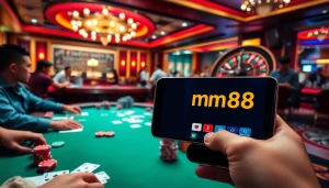 Experience thrilling gameplay at mm88.com with vibrant poker tables and roulette wheels in a luxurious casino.