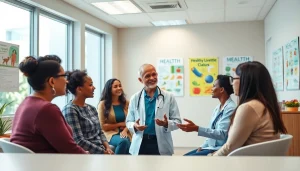 Health expert consulting with patients in a welcoming clinic.