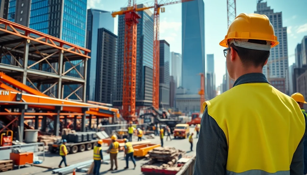 New York City Construction Manager supervising a vibrant construction site filled with activity.