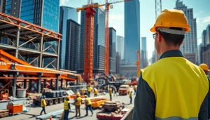 New York City Construction Manager supervising a vibrant construction site filled with activity.
