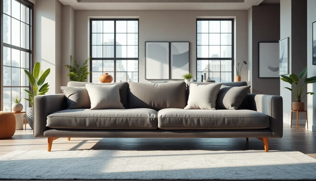 A cozy sofa bed with soft cushions in a bright urban living room setting
