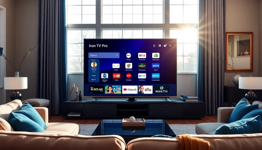 Showcase of Iron TV Pro in a stylish modern living room setup.