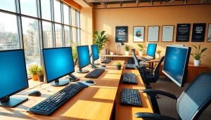Enhance your skills at a typing center with modern workspaces and ergonomic setups.