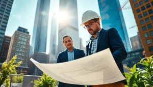 Engaged New York General Contractor reviewing project plans in a vibrant construction setting.