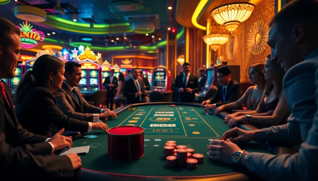 Menggambarkan kasinojitu dengan suasana kasino yang meriah dan ramai pemain.