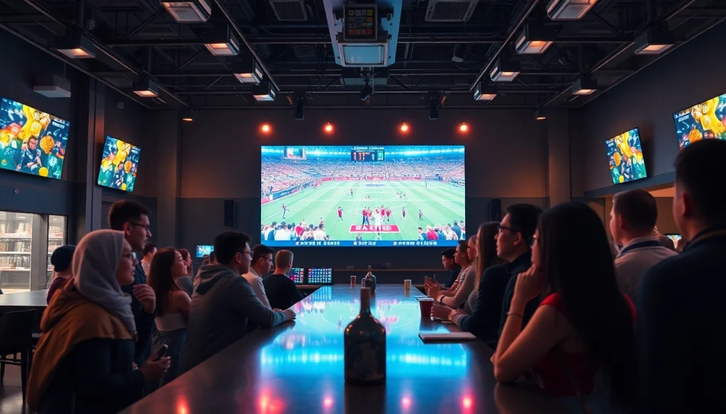스포츠중계 실시간으로 즐기는 팬들이 있는 현대적인 스포츠 바의 모습