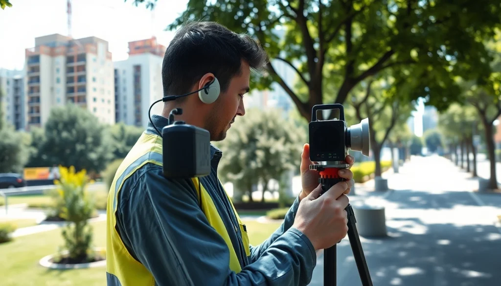Conducting a noise impact assessment in urban settings, featuring an engineer using measuring equipment.