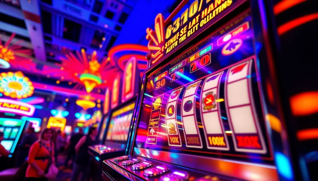 Menggulung slot mesin dengan lampu cerah di kasino yang ramai.