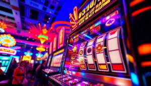 Menggulung slot mesin dengan lampu cerah di kasino yang ramai.