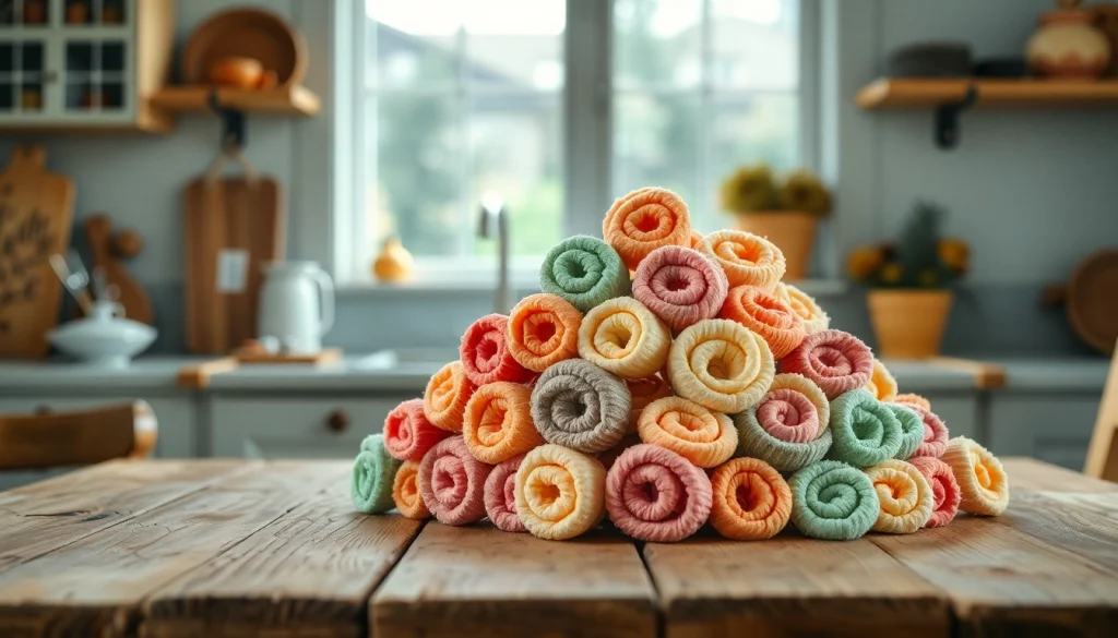 Wafel katoen rollen in verschillende kleuren op een houten tafel, perfect voor creatief gebruik.