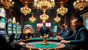 Experience exhilarating gaming at the mm88 casino, featuring vibrant slot machines and an exciting roulette wheel.