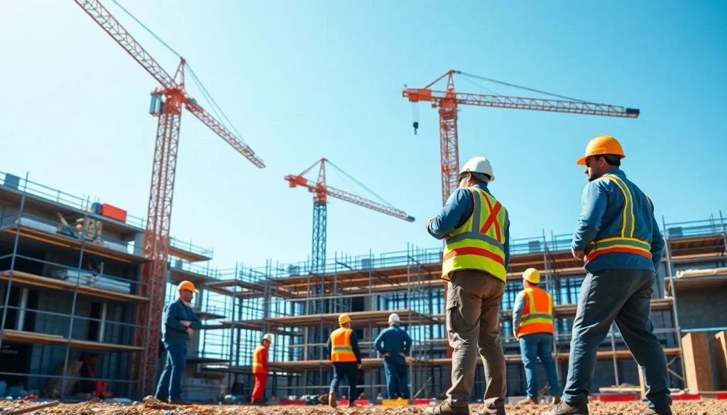 Highlighting building companies near me fostering teamwork on a bustling construction site.