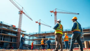 Highlighting building companies near me fostering teamwork on a bustling construction site.