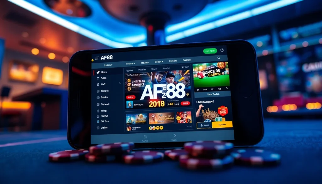 Dynamic online betting scene showcasing the af88.com interface on a smartphone with vibrant colors and casino elements.